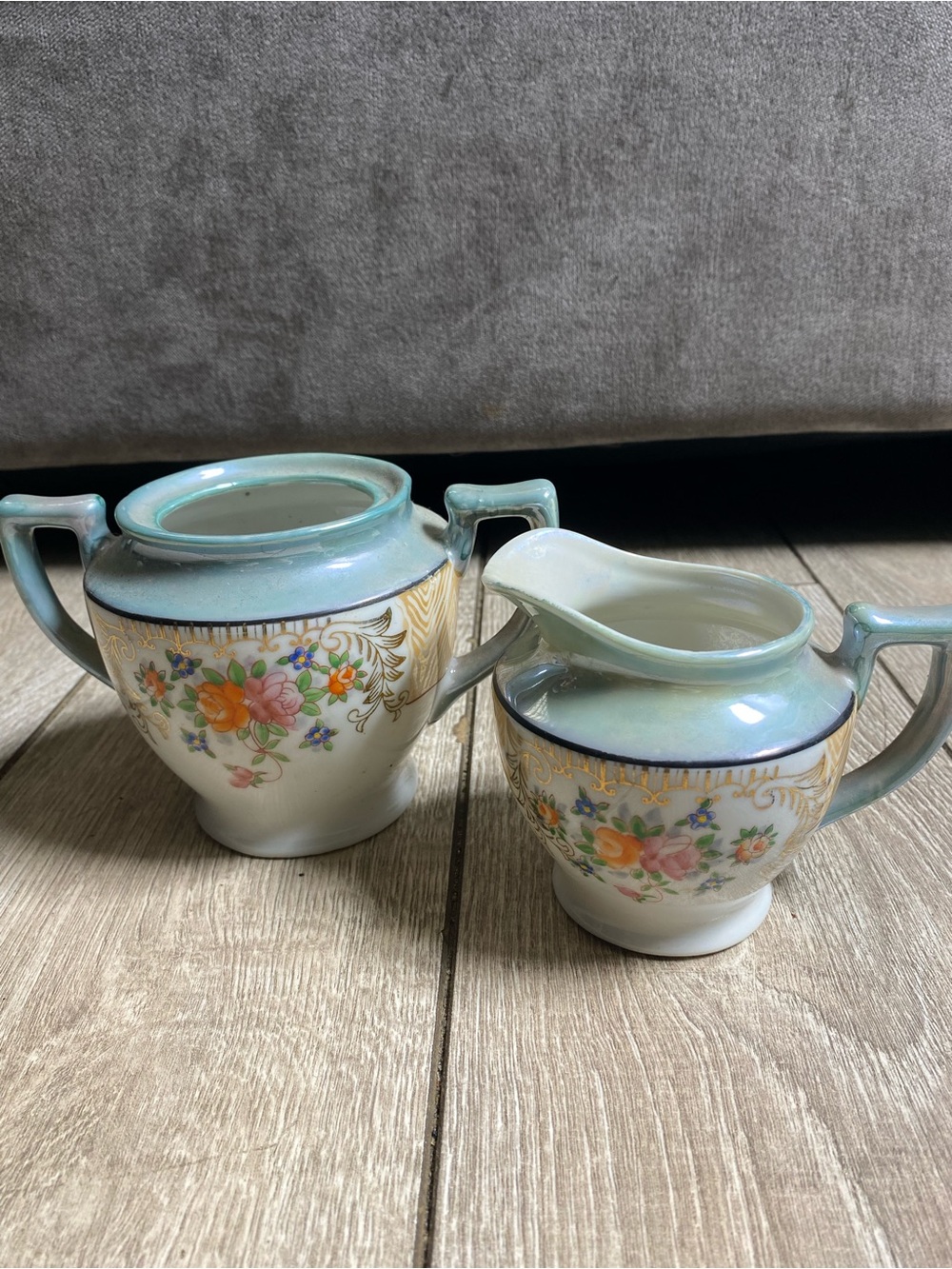 VTG Antique 1930s Japan Lusterware Sugar Bowl and Creamer Hand Painted Floral